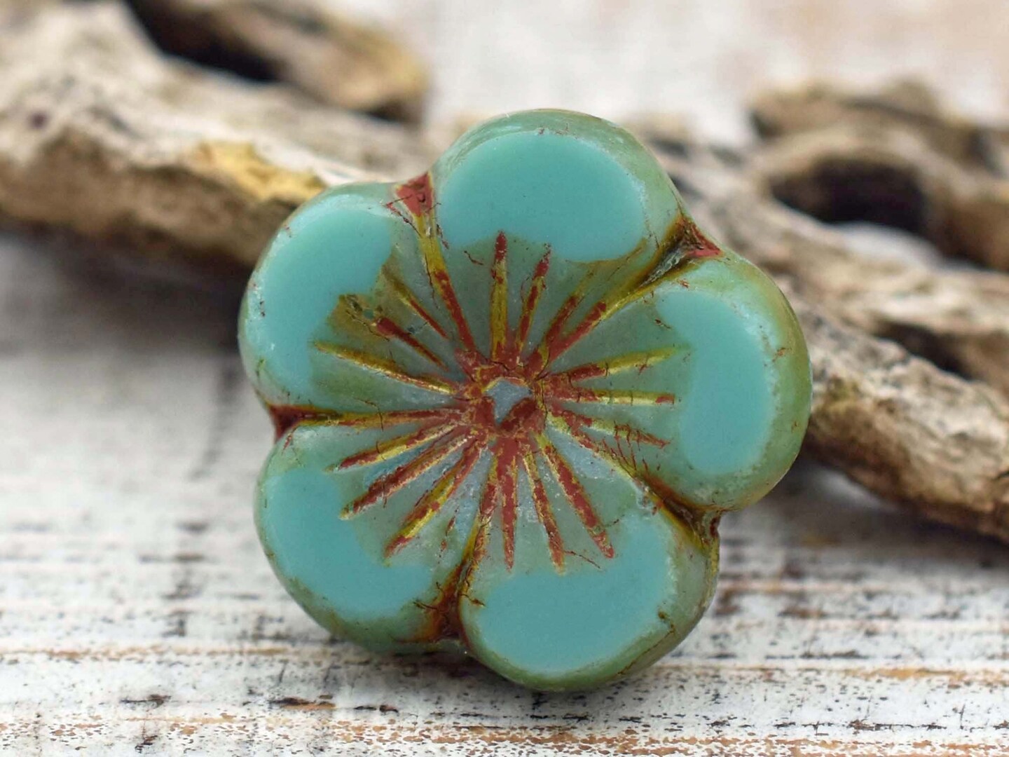 21mm Turquoise Picasso Hibiscus Flower Bead - 2 Beads