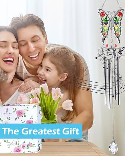 Wind Chimes Butterfly Wind Chimes for Outside Real Flower Outdoor Windchimes Gifts for mom Grandma Birthday Nana Gifts Garden Balcony Home D&#xE9;cor Wind Chimes with S Hook Memorial Wind Chimes