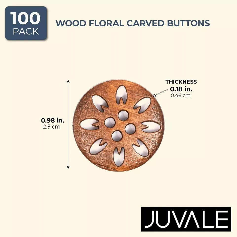 100x Wood Snowflake Floral Carved Buttons for Sewing DIY Crafts,4 Holes, 1 inch