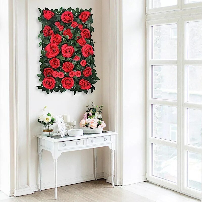 24x18-Inch Red and Green Silk Rose Flowers Wall Backdrop Panel Wedding