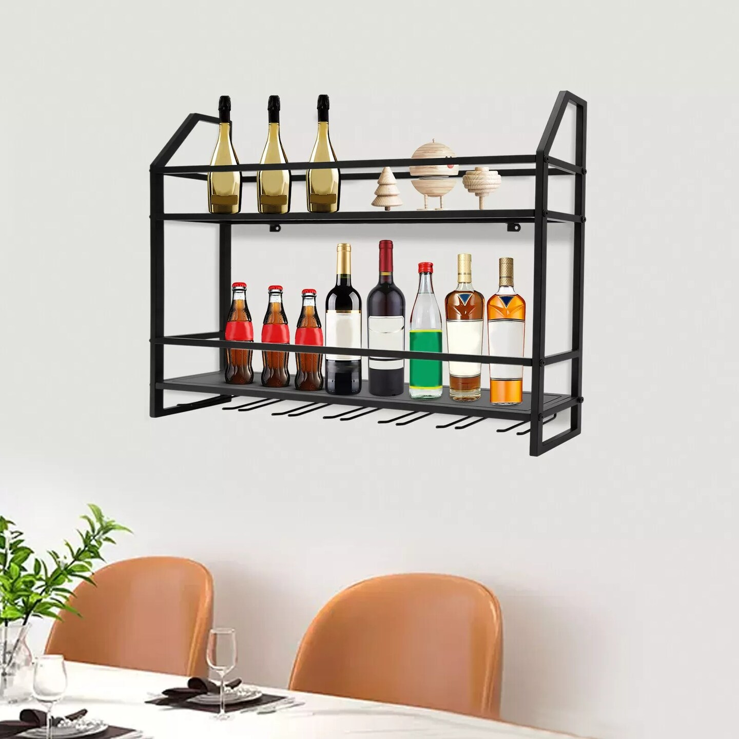 Black 2-Tier Bar Wall-Mounted Shelf Metal Wine Rack for 20 Bottles &#x26; 7 Goblets