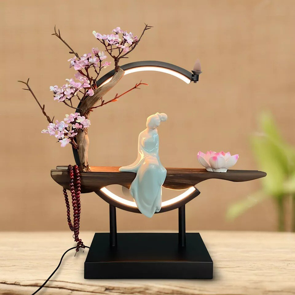 Ceramic Backflow Incense Cone Sticks Burner Holder LED Light For Home Decor Gift