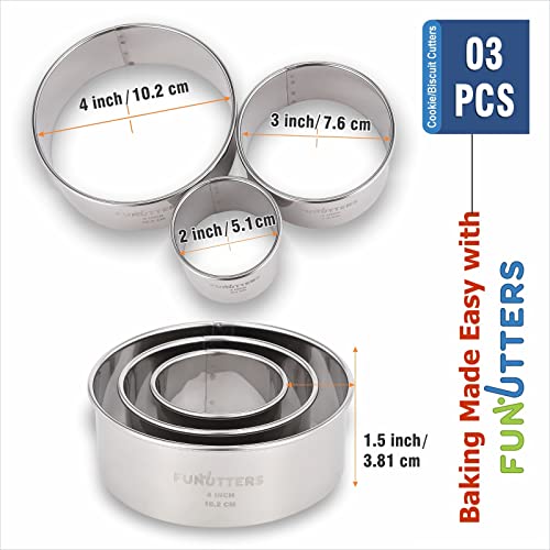 3 Pieces Cookie Cutter Set 2 3 4 INCH x 1.5 INCH,  Round Metal Baking Rings for Pastry, Biscuits, and Dough Cutting, Heavy Duty and Reusable, Multiple Sizes