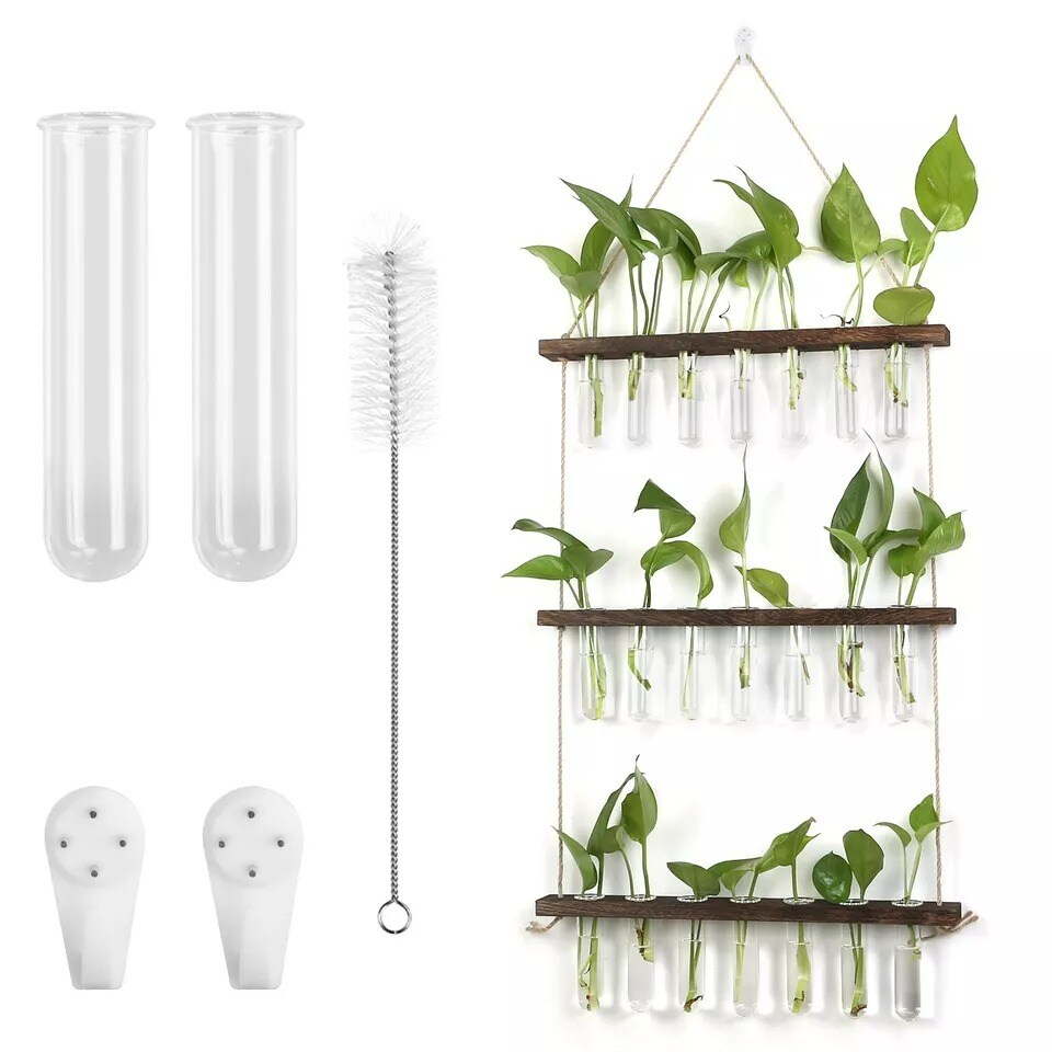 3 Tier Wall Hanging Planter Glass Test Tube Vase Plant Propagation +Wooden Stand