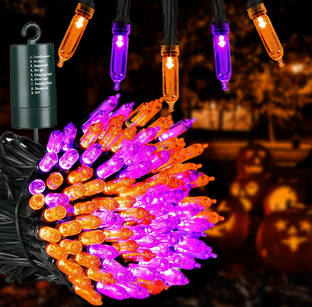 33 ft  Orange Purple Halloween Lights,Battery Operated 100 LED Mini String Lights Waterproof Halloween Lights with 8 Modes &#x26; Timer Function for Halloween Decorations