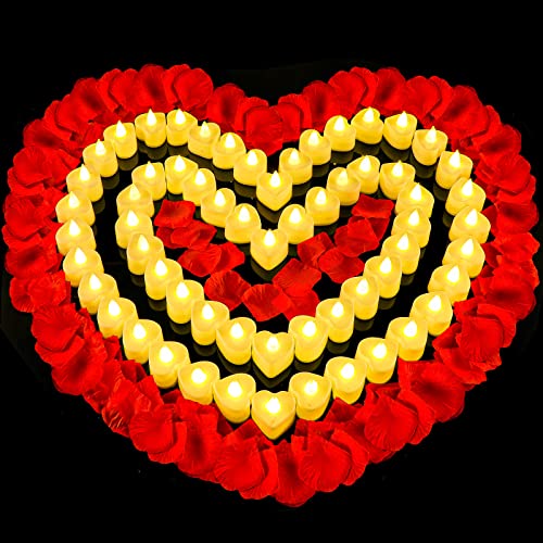 6000 Pieces Artificial Rose Petal with 72 Pieces Romantic Heart Led Candle Flameless Love Led Tealight Candle for Valentine&#x27;s Day Romantic Night Anniversary Table Decor (Warm White Light)