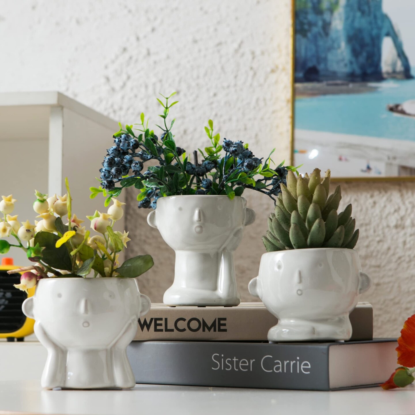 3 Pack Ceramic Flower Pot Modern Style Vase Cute Fleshy Flower Vase Supporting Cheek Vase Mini Ceramic Plants Containers for Home Office, No Plant