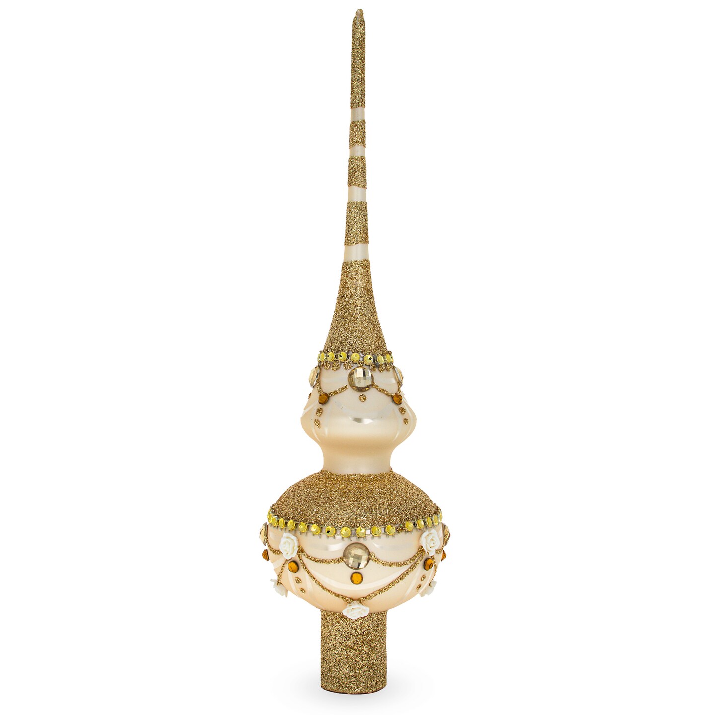 Dimensional Roses on Sparkling Beige Glass Christmas Tree Topper 11 Inches