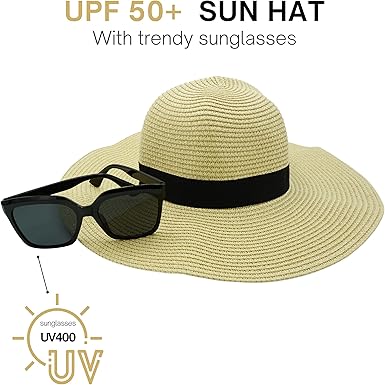 4E&#x27;s Novelty Sun Hat for Women UV Protection with Sunglasses, UPF 50+, Packable Beach Hat, Beige