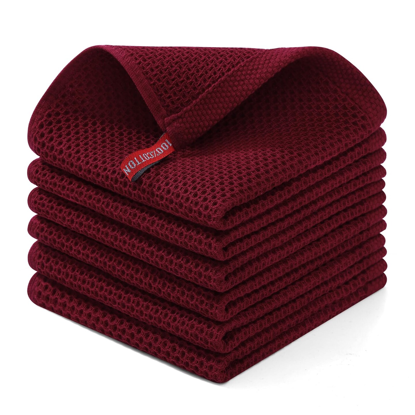 100% Cotton Waffle Weave Kitchen Dish Cloths, Ultra Soft Absorbent Quick Drying Dish Towels, 12 x 12 Inches, 6-Pack, Burgundy
