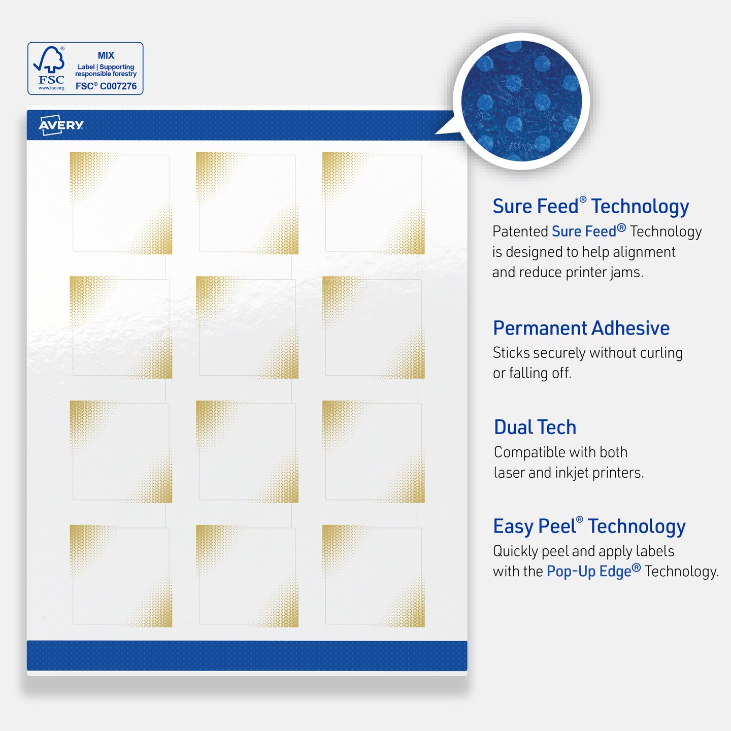 Avery Printable Square Labels with Sure Feed Technology, Pre-Printed Gold Blush Pattern, Glossy White, 2" x 2", Laser & Inkjet Compatible, 120 Total, Great for Branding, Marketing, and Events