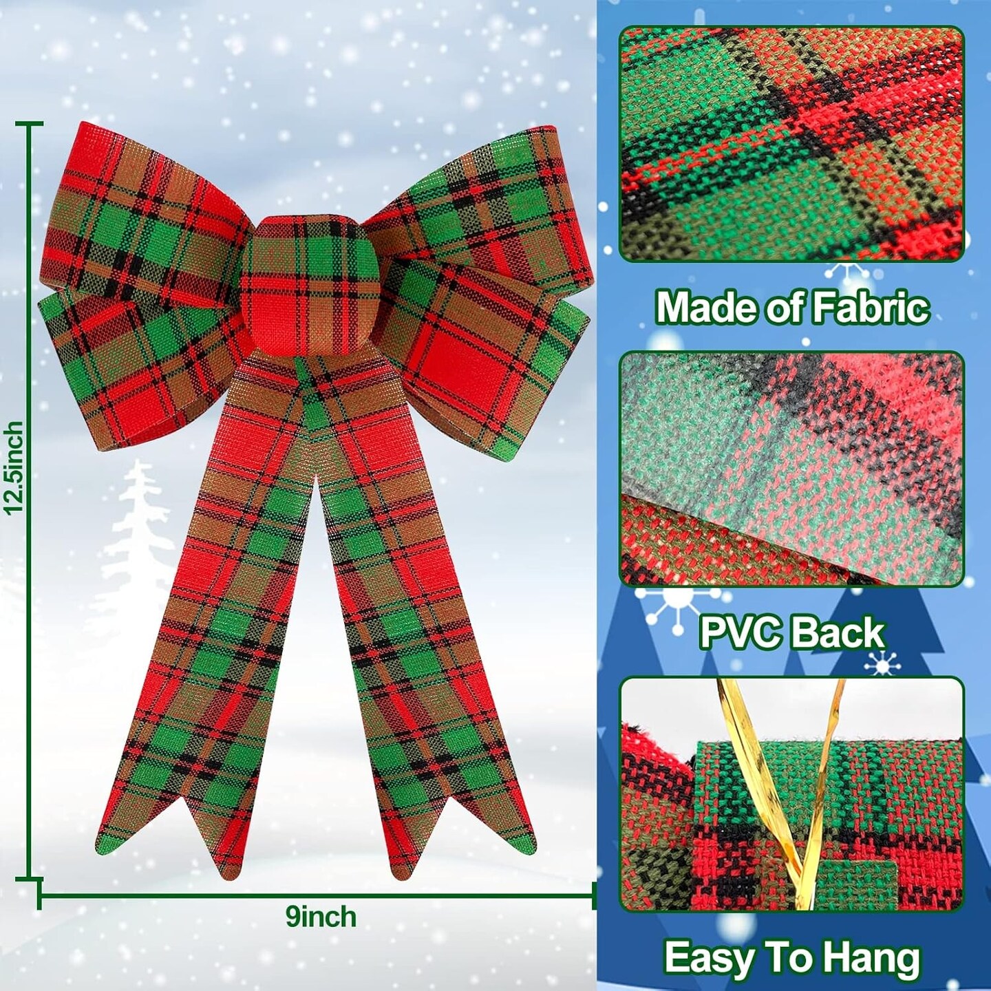 6 Pack Christmas Bows Outdoor Decorations, 12.5&#x27;&#x27; x 9&#x27;&#x27; Large Christmas Buffalo Plaid Bows for Wreath Garland Christmas Tree Topper Ornaments Outside Indoor Christmas Decor Home Party (Red Green)
