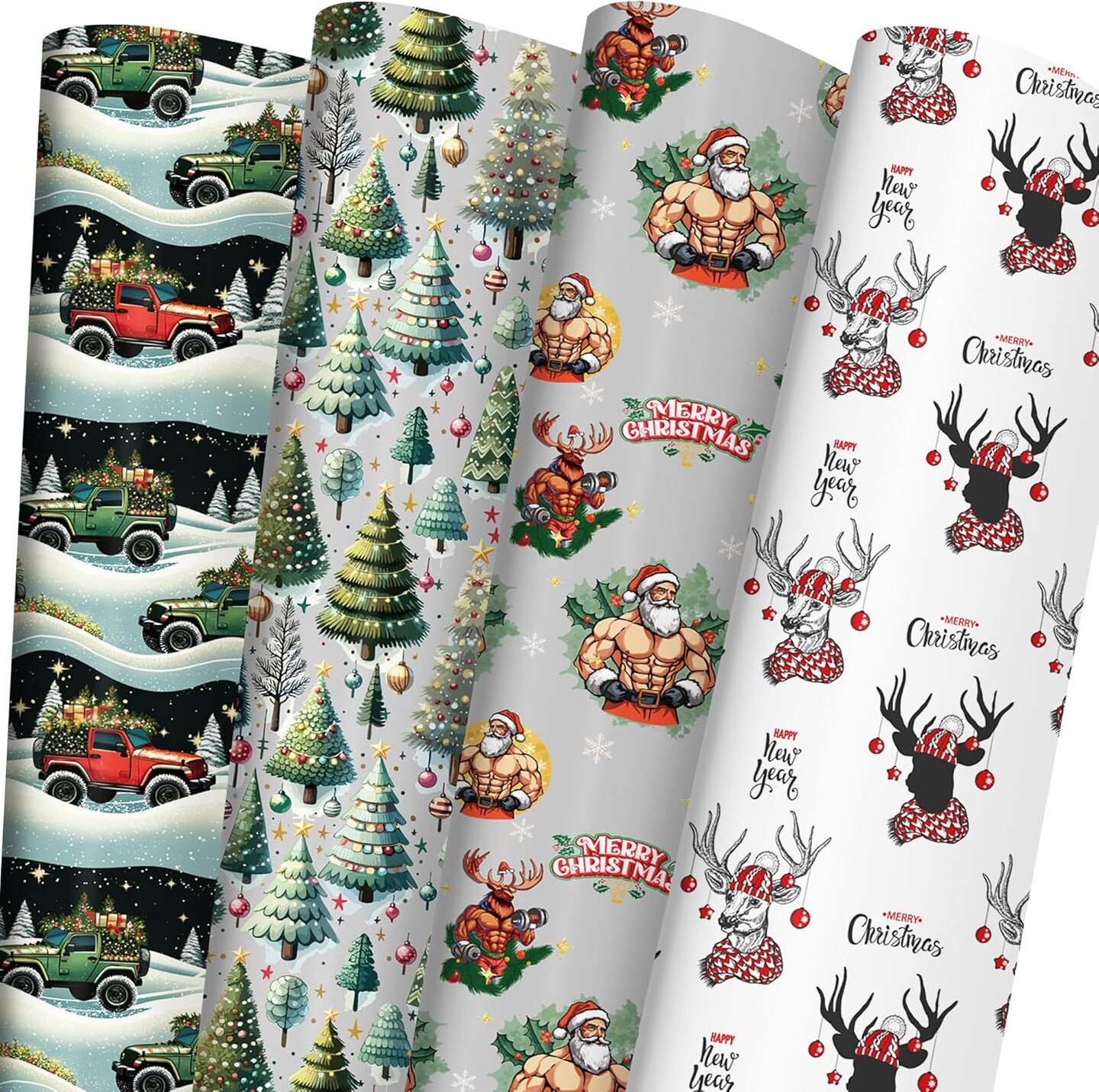 Funny Christmas Wrapping Paper for Kids Adults - Muscular Santa and Reindeer, Red/Green Rustic Trucks, Xmas Trees Designs - Holiday Gift Wrap with 6 Jumbo Sheets, 40 x 28 Inches Each