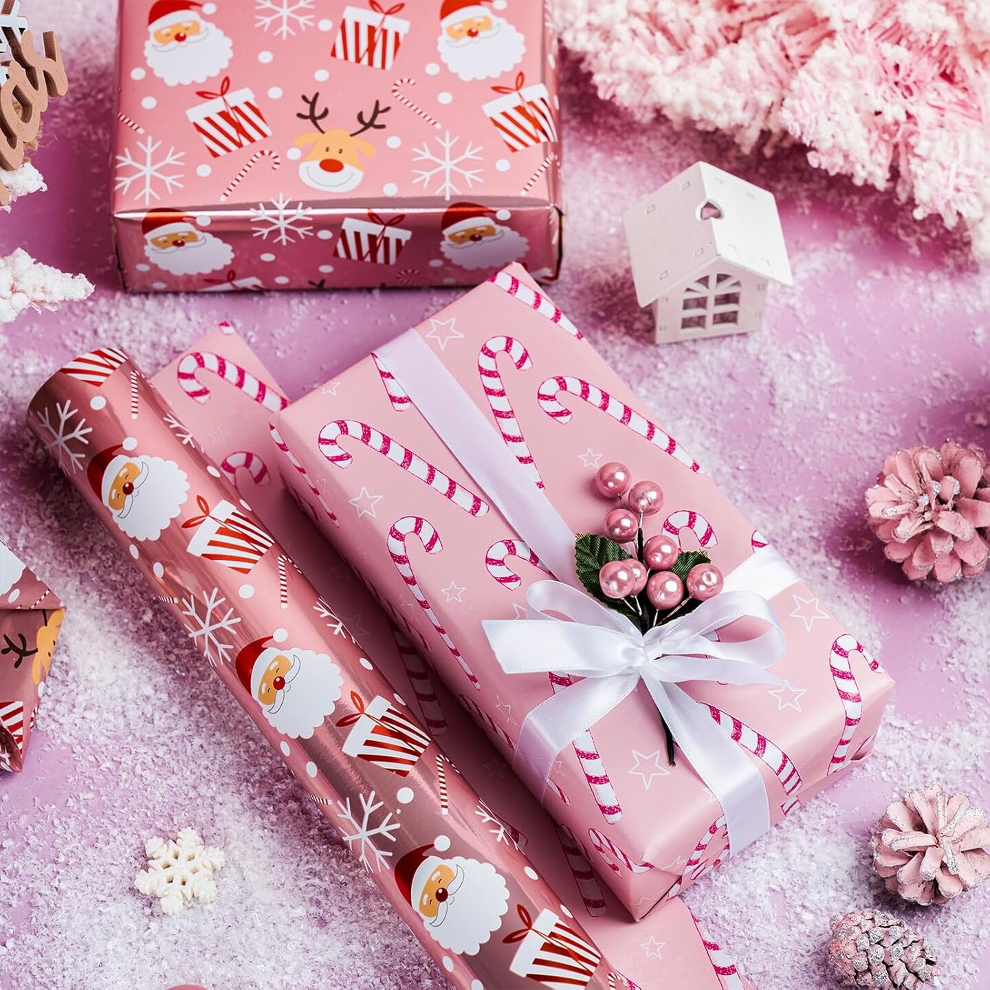 Reversible Christmas Wrapping Paper - Jumbo Roll - Santa Claus &#x26; Candy Cane with Metallic Foil in Pink - 24 inches x 100 Feet (200 sq.ft.)