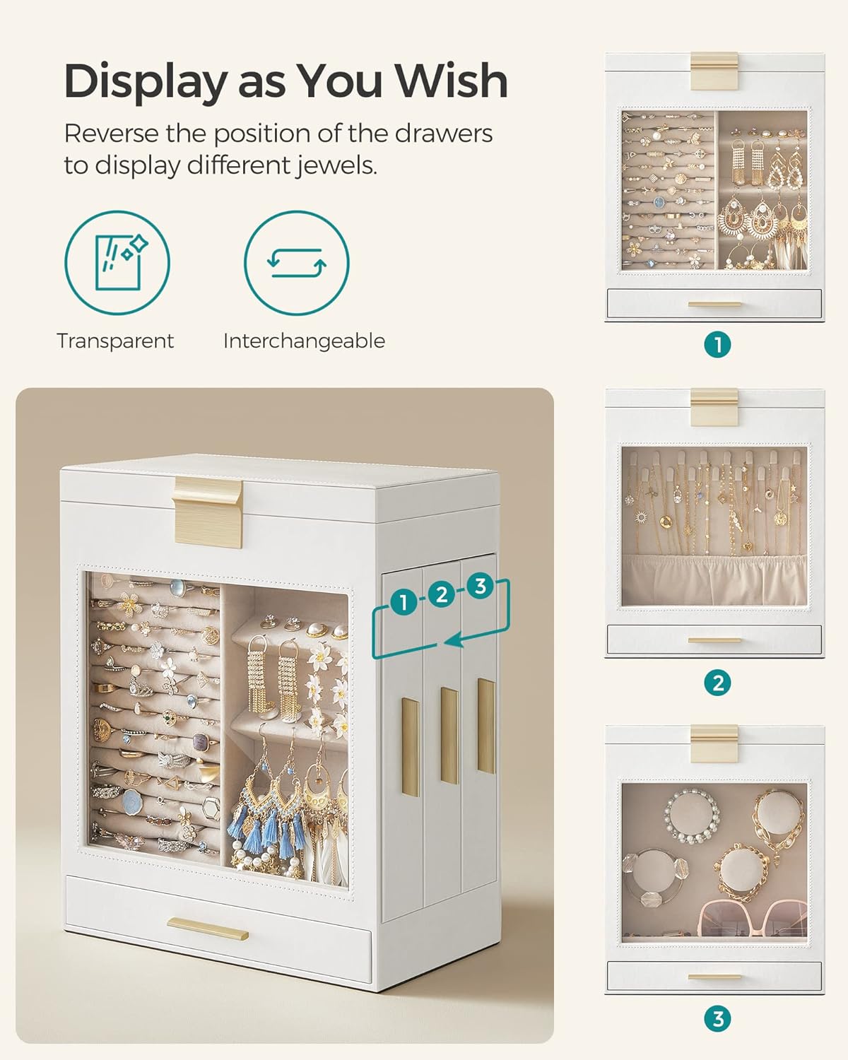 Jewelry Box with Glass Window, 5-Layer Jewelry Organizer with 3 Side Drawers, Jewelry Storage, with Big Mirror, Christmas Gift, 6.1 x 10.3 x 12.6 Inches, Cloud White and Metallic Gold