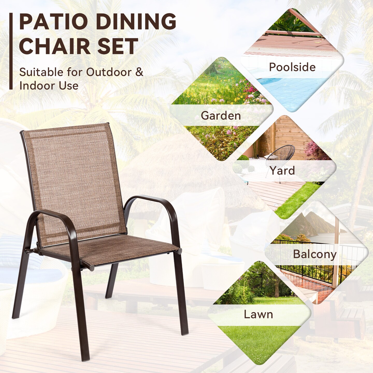 2 Pieces Patio Outdoor Dining Chairs with Powder Coated Steel Frame