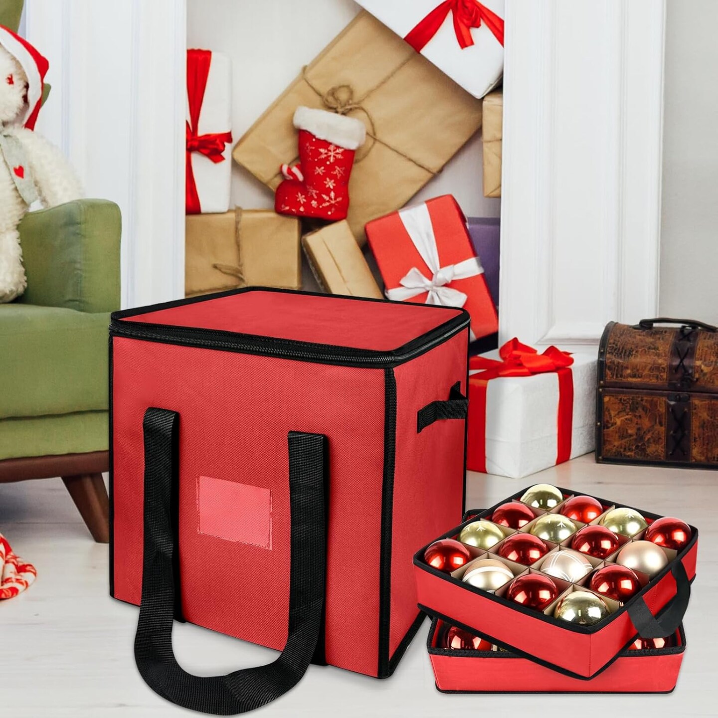 Christmas Ornament Storage Box with Dividers, Christmas Balls Storage Containers with Zipper &#x26; 4 Removable Trays - Holds Up to 64 Balls - 600D Oxford Christmas Decoration Storage Organizer, Red