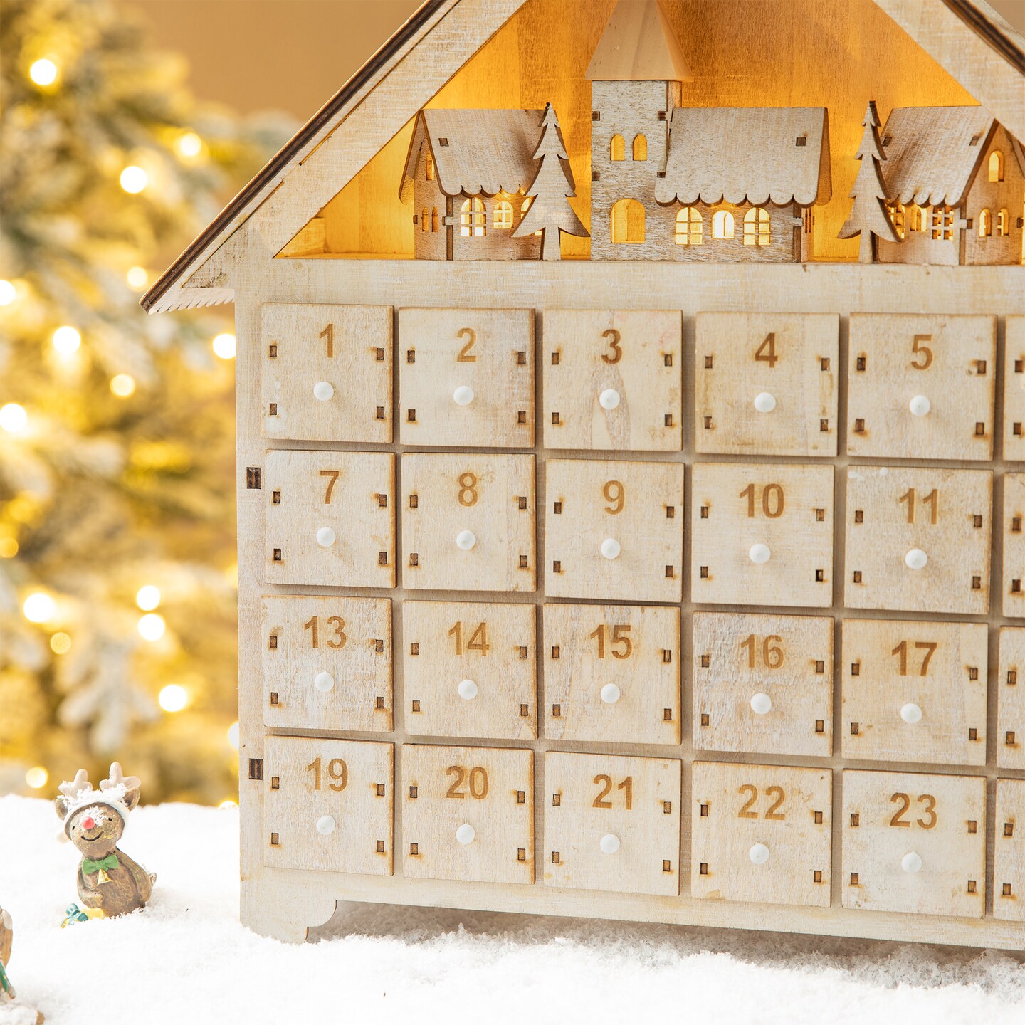 15.25&#x22;H Wooden LED Farmhouse Advent Calendar D&#xE9;cor