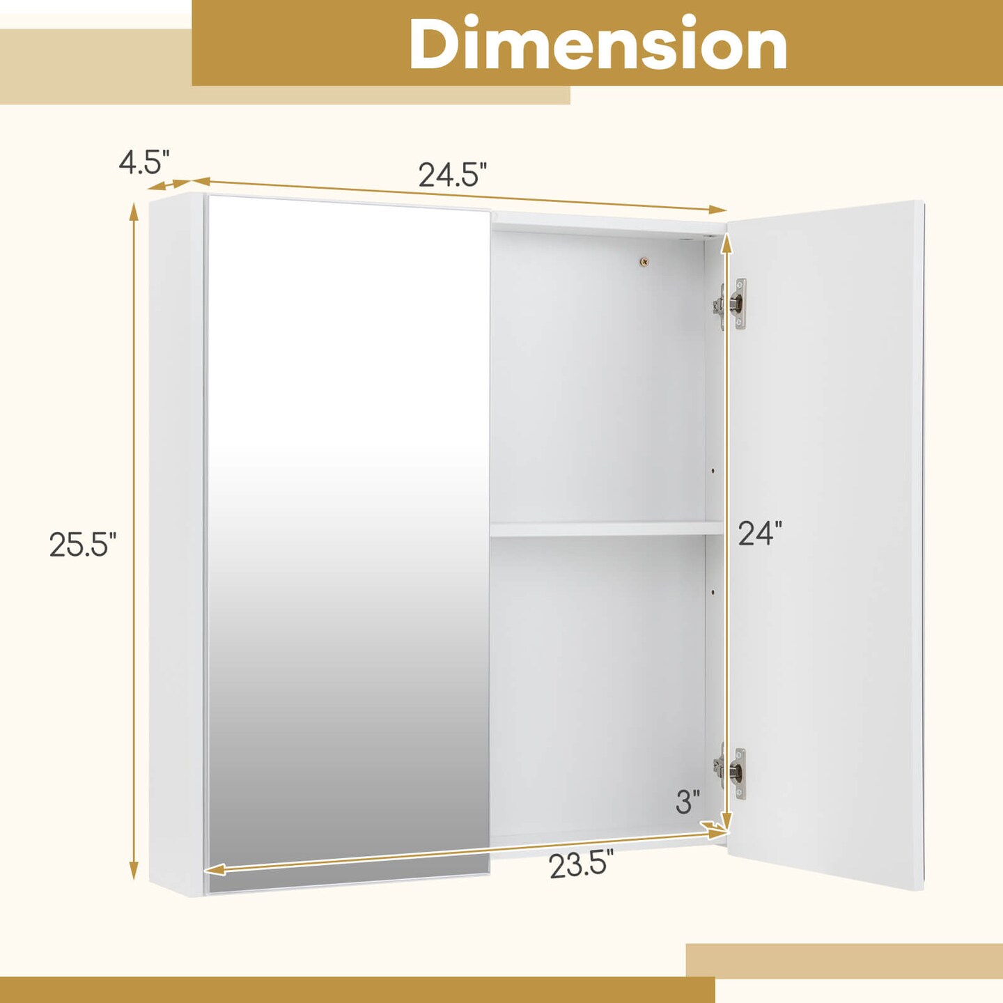 Costway 24.5" x 42.5" Bathroom Wall Cabinet with Double Mirrored Doors & Adjustable Shelf
