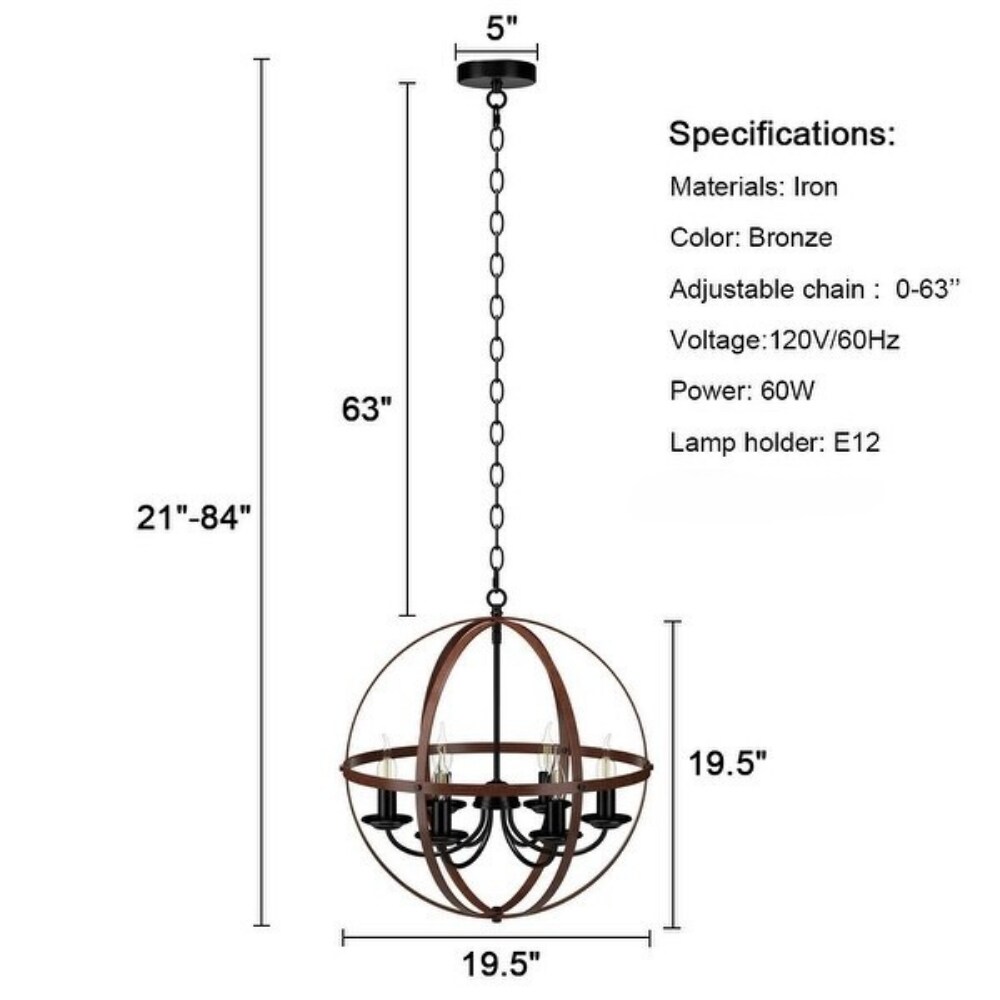 6-Light Orb Chandelier Rustic Vintage Ceiling Lamp