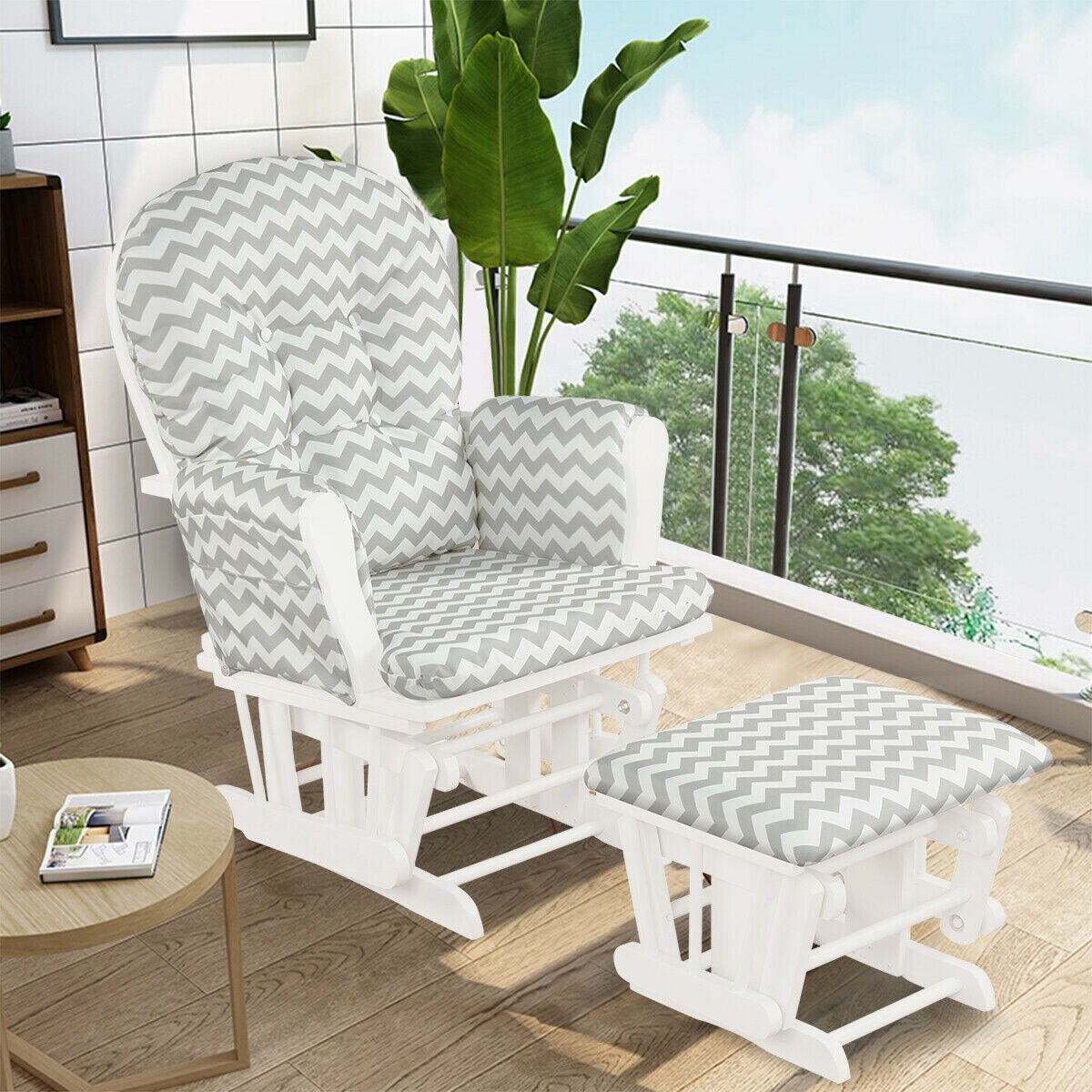 Solid Wood Gliding Chair Set with Pockets and Ottoman for Relaxing