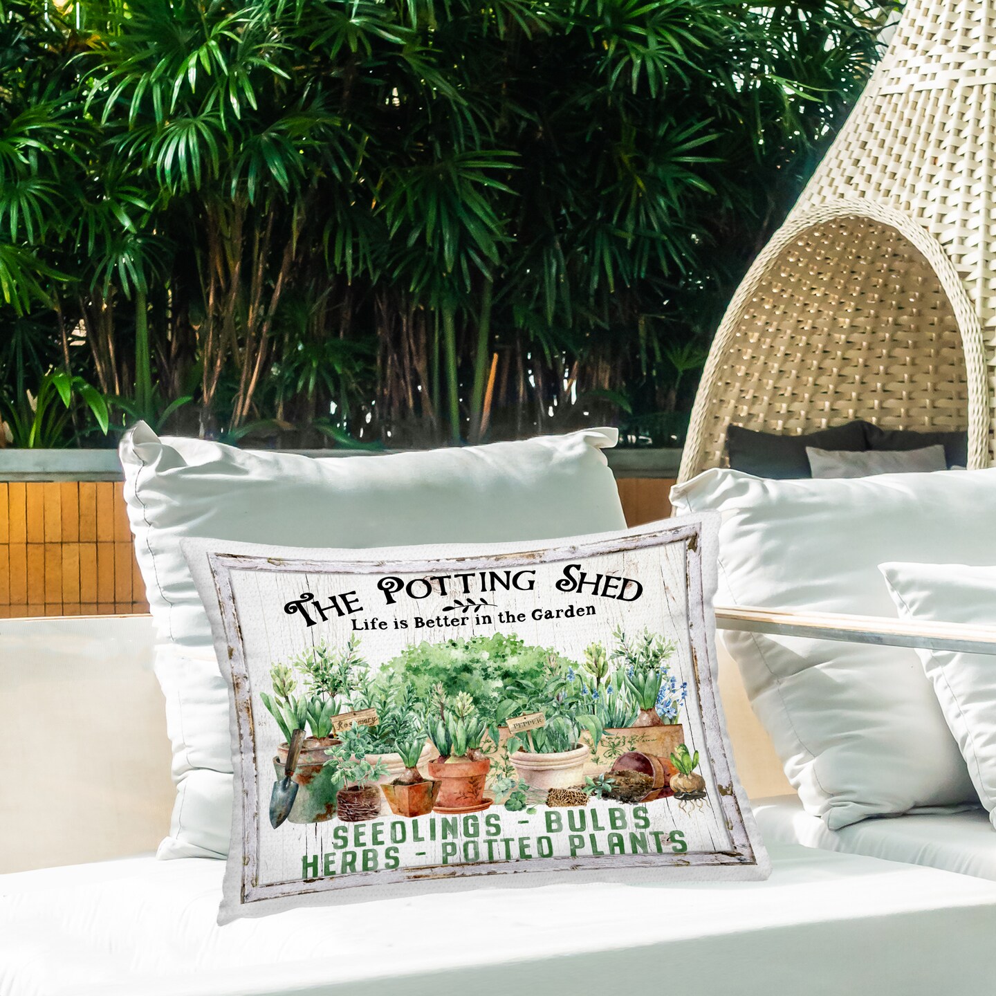 Farmhouse Potting Shed Outdoor Printed Pillow Design by Creatif Belle, 14 x 7 x 20