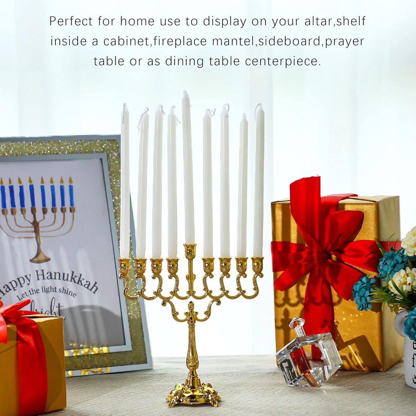 Hanukkah Menorah 9 Branch Gold Plated Jewish Menorahs for Chanukah Candle Holder Shabbat