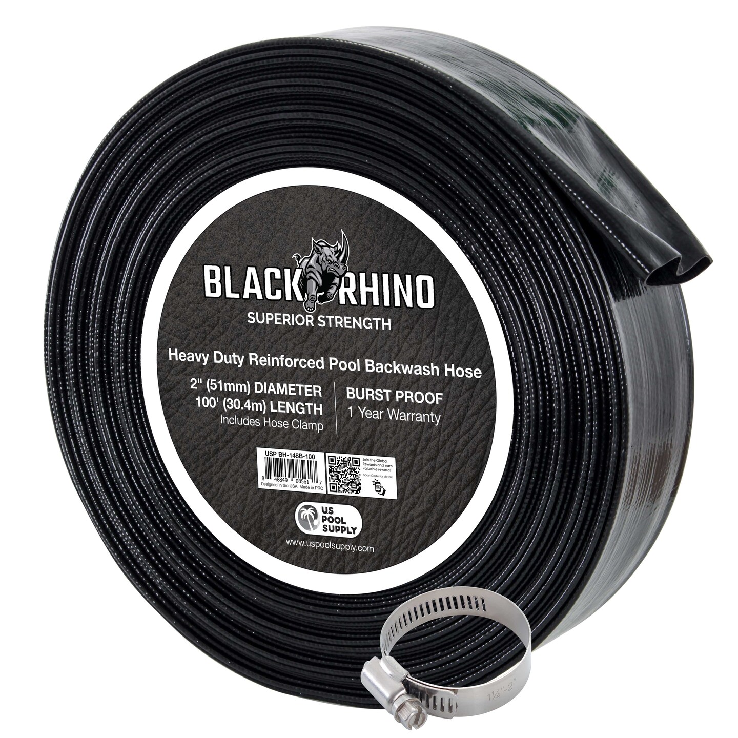 U.S. Pool Supply&#xAE; Black Rhino 2&#x22; x 100&#x27; Pool Backwash Hose with Hose Clamp - Extra Heavy Duty Superior Strength, Thick 1.2mm (47 mils) - Weather Burst Resistant