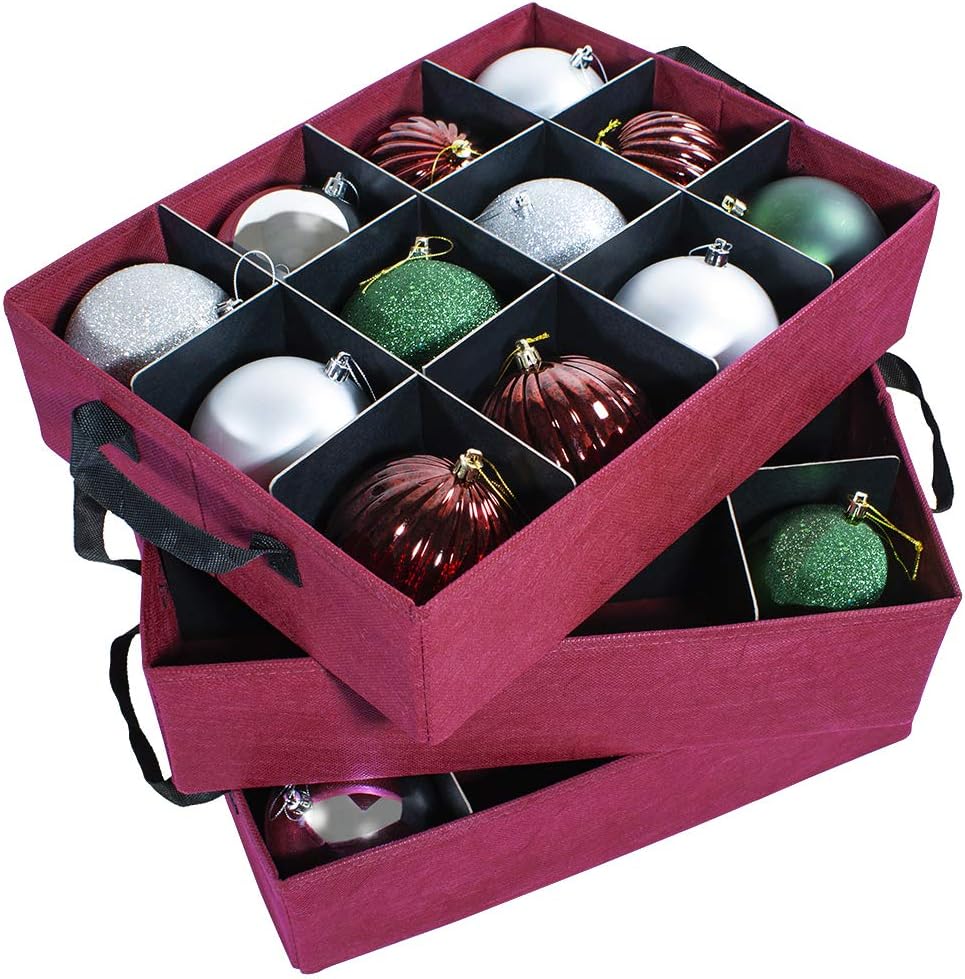 Christmas Ornament Storage Box with Adjustable Acid-Free Dividers, 3 Removable Trays with Handles, 17 Inch x 13 Inch x 13 Inch, Holds 36-4 Inch Ornaments