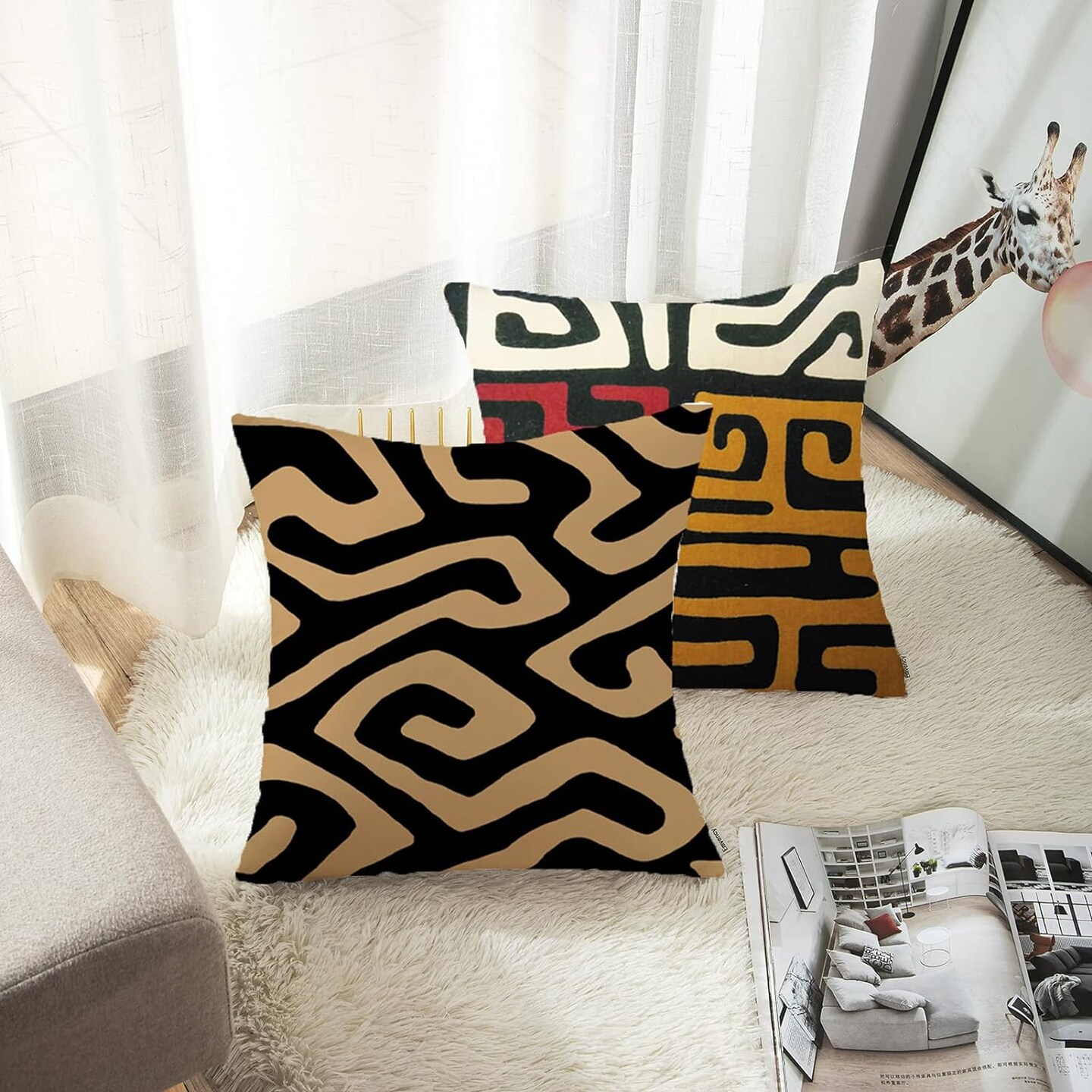 Set of 4 Throw Pillow Covers Orange Tribal Kuba Inspired Earth Colors Geometric Ethnic Black Brown Mud African Decorative Pillow Cases Home Decor Square 18x18 Inches Pillowcases
