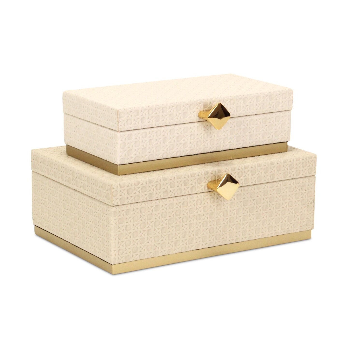 Contemporary Home Living Rectangular Handcrafted Rattan Storage Boxes - 12" - White and Gold - Set of 2
