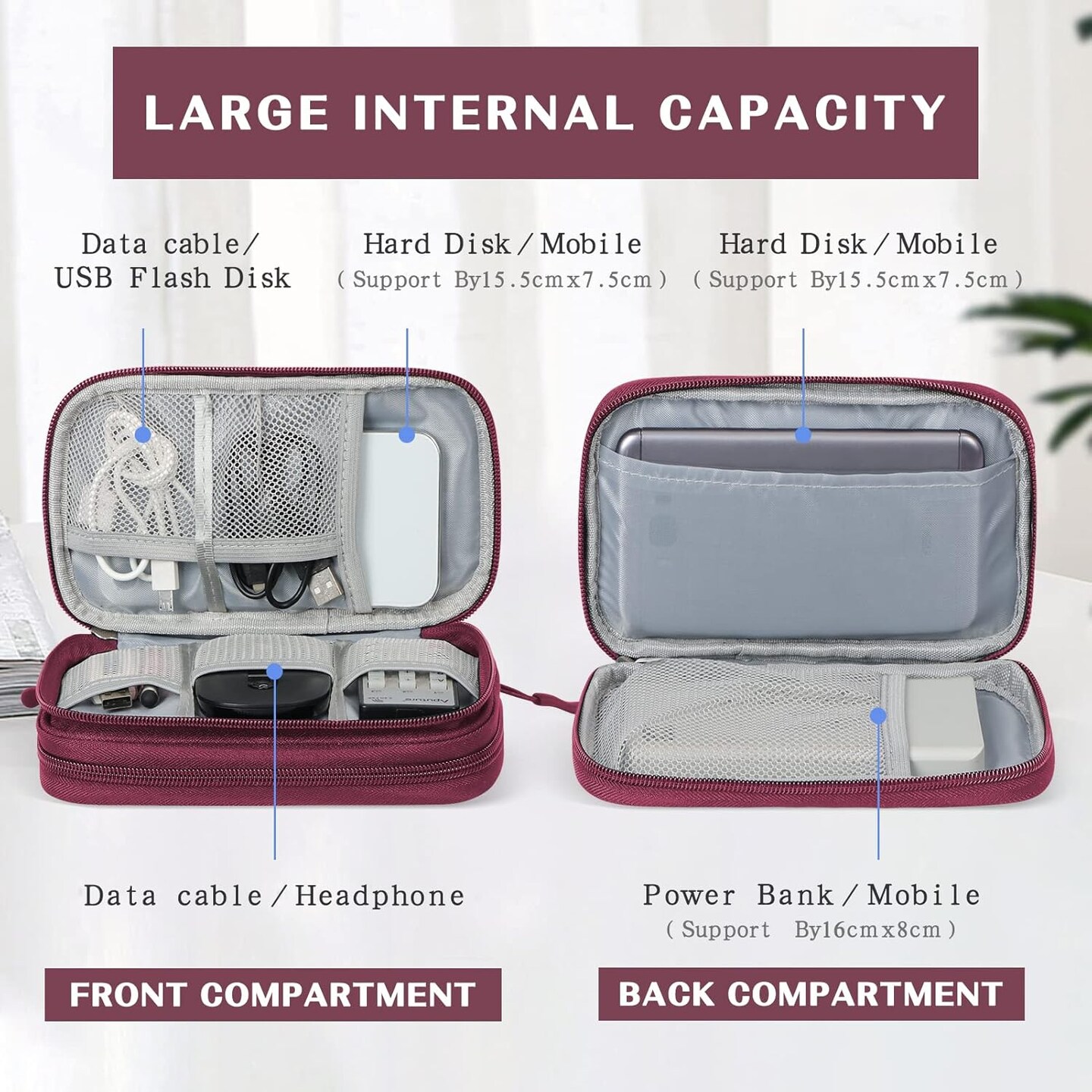 Electronic Organizer, Travel Cable Organizer Bag Pouch Electronic Accessories Carry Case Portable Waterproof Double Layers All-in-One Storage Bag for Cable, Cord, Charger, Phone, Earphone Wine Red
