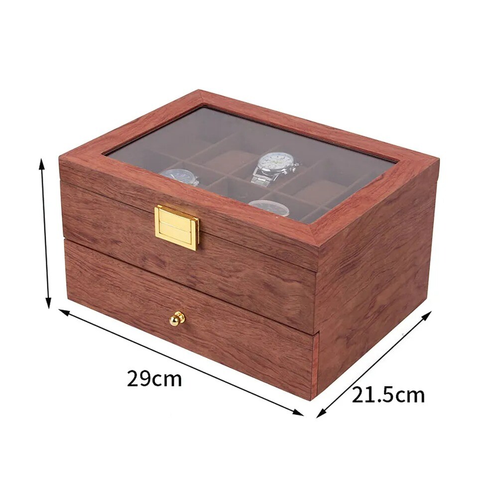 20-Slot Wooden Watches Storage Box Jewelry Organizer Case Glass Top with Drawer