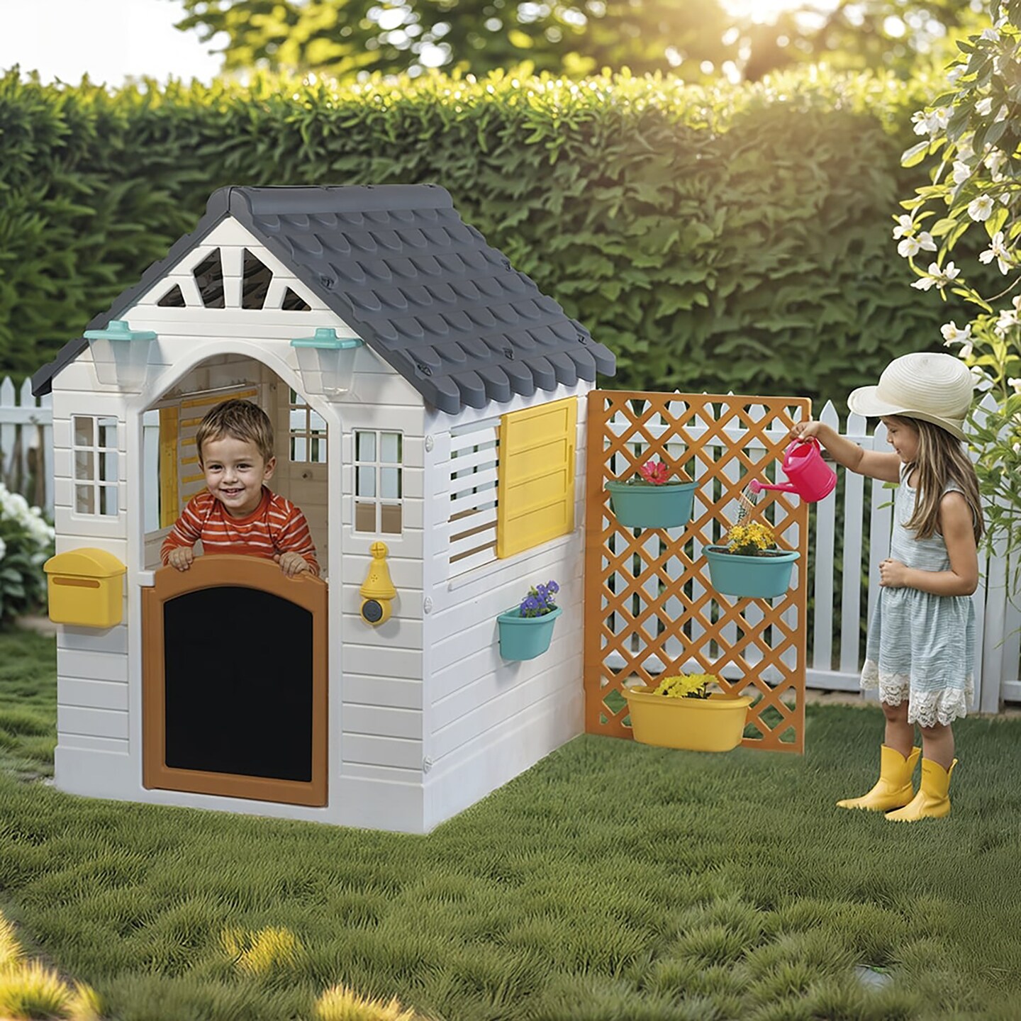 Dolu: Garden Playhouse With Fence - White-Grey-Yellow - Outdoor-Indoor Toy, Chalkboard Door, Durable Charming Design, Easy Assembly, Kids-Toddlers 2+