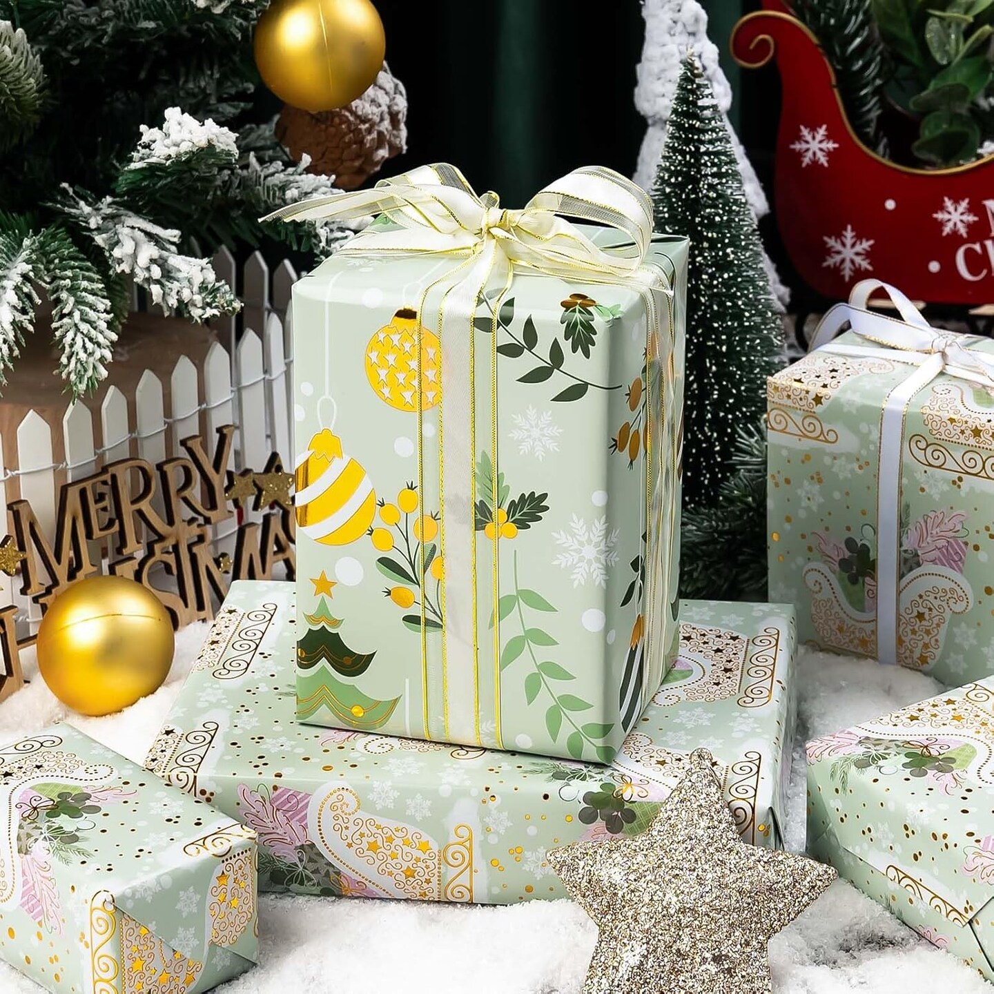Christmas Wrapping Paper Roll - 3 Mini Rolls - 17 Inch x 120 Inch Per Roll - Cute Reindeer/Gold Christmas Balls/White Snowflake/Sleigh Design Gift Wrap