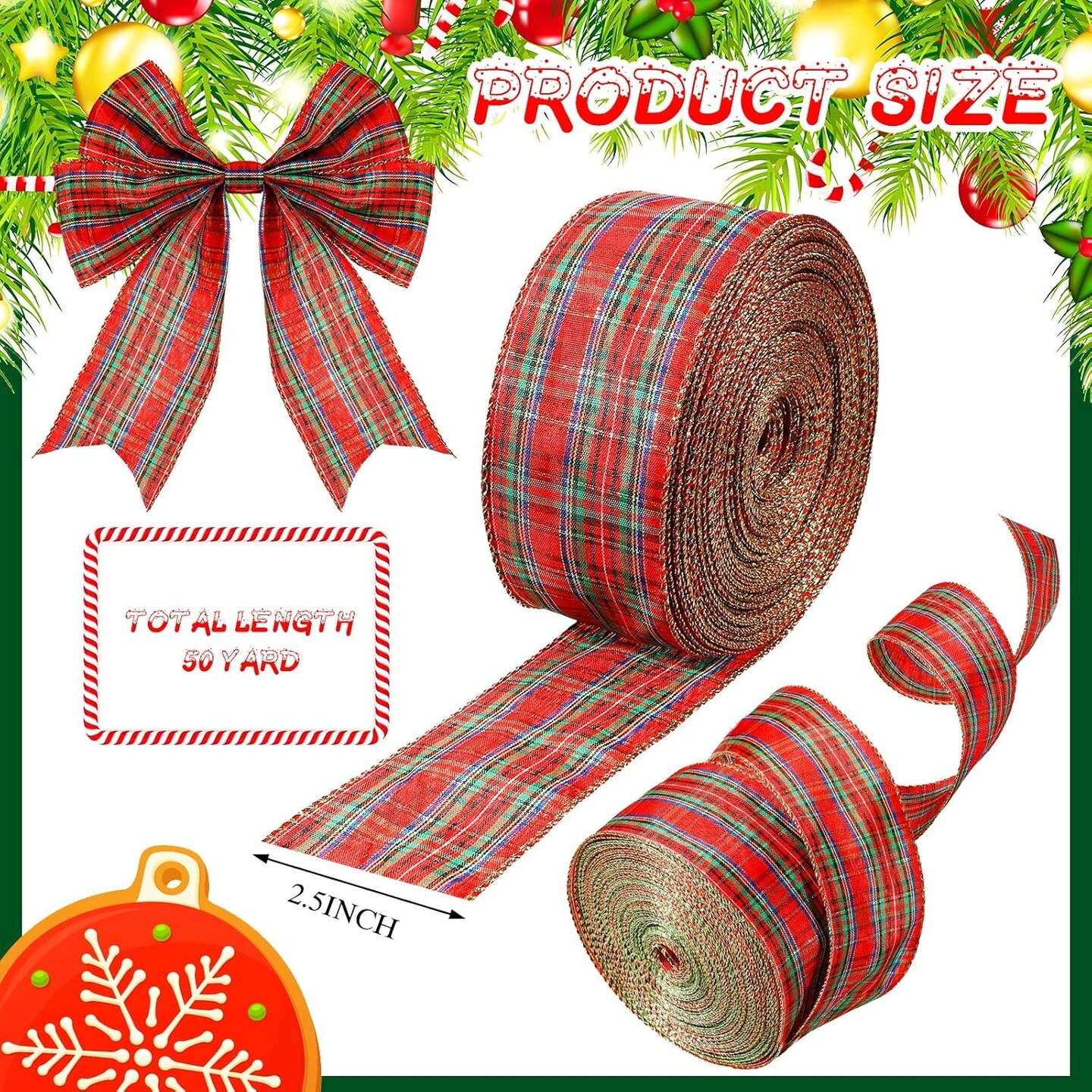 Plaid Christmas Wired Ribbon 2.5 Inches 50 Yard Traditional Red Tartan Plaid Christmas Holiday Ribbon Green Red Gold Plaid with Gold Edge for Garland Home Decor Gift Wrapping DIY Crafts