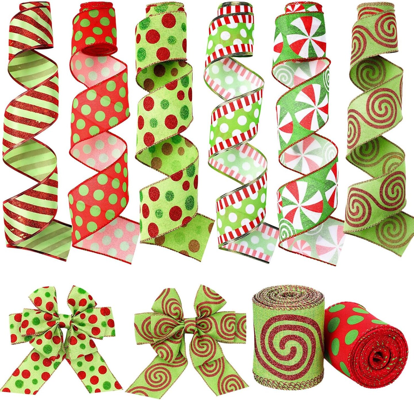 6 Rolls Christmas Polka Dot Ribbon 36 Yard Red and Lime Green Christmas Wired Ribbon 2.56 Inch Wide Fabric Wrapping Ribbon Xmas Decorative Ribbons for DIY Crafts Tree Decorations