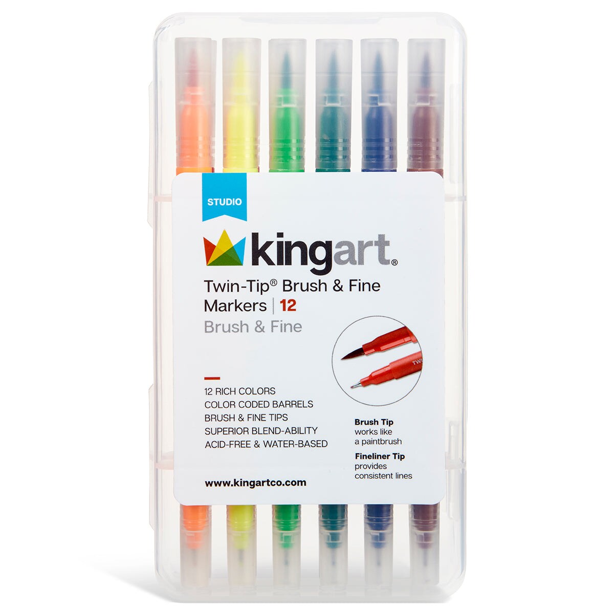 KINGART® Twin-Tip™ Brush & Fine Markers, Set of 12 Unique Colors
