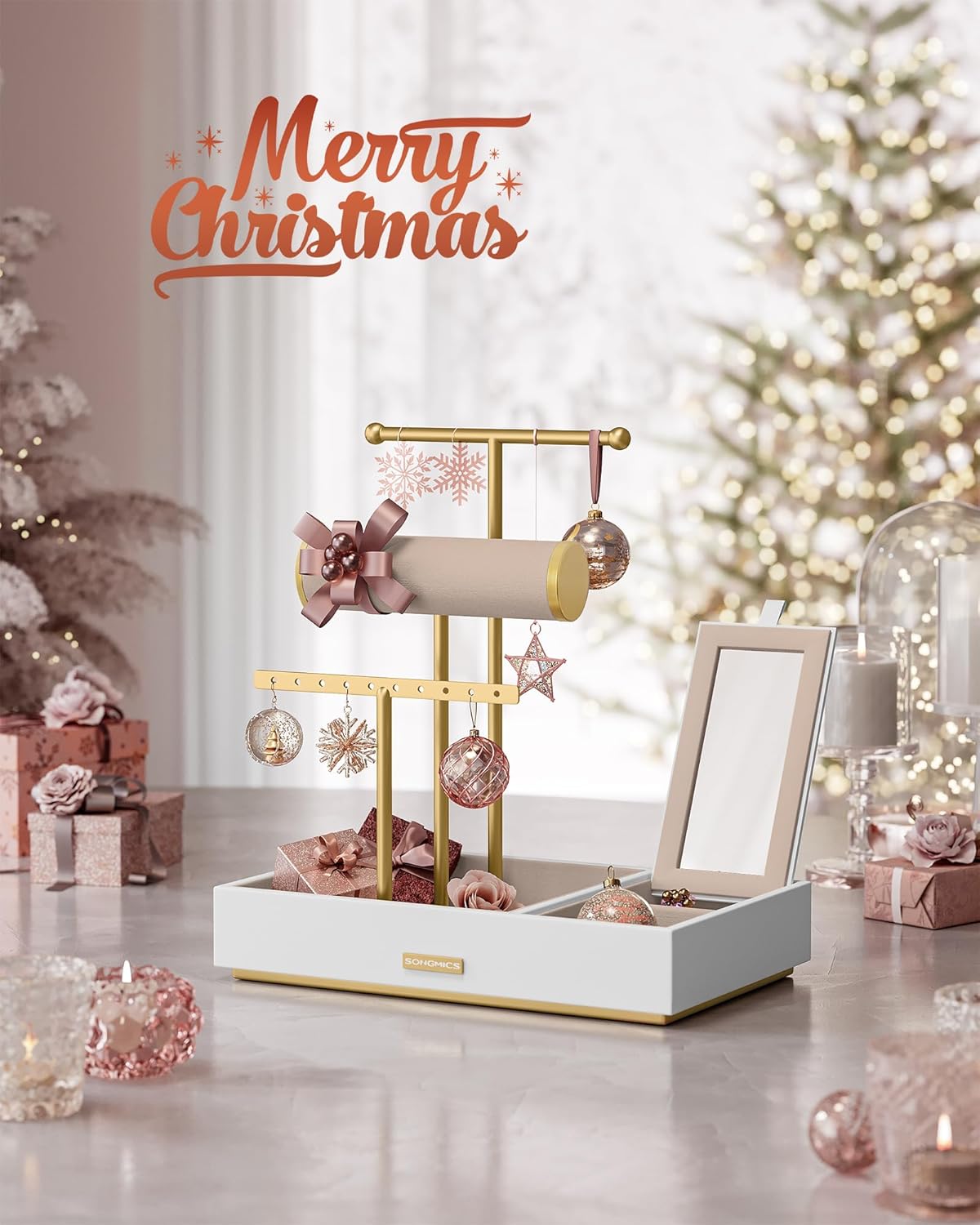 Jewelry Holder, Jewelry Organizer, Jewelry Display Stand, Metal Earring Organizer with Mirror, with Necklace Earring Bracelet Holder, for Rings, Christmas Gift, White and Gold UJJS022W01V1