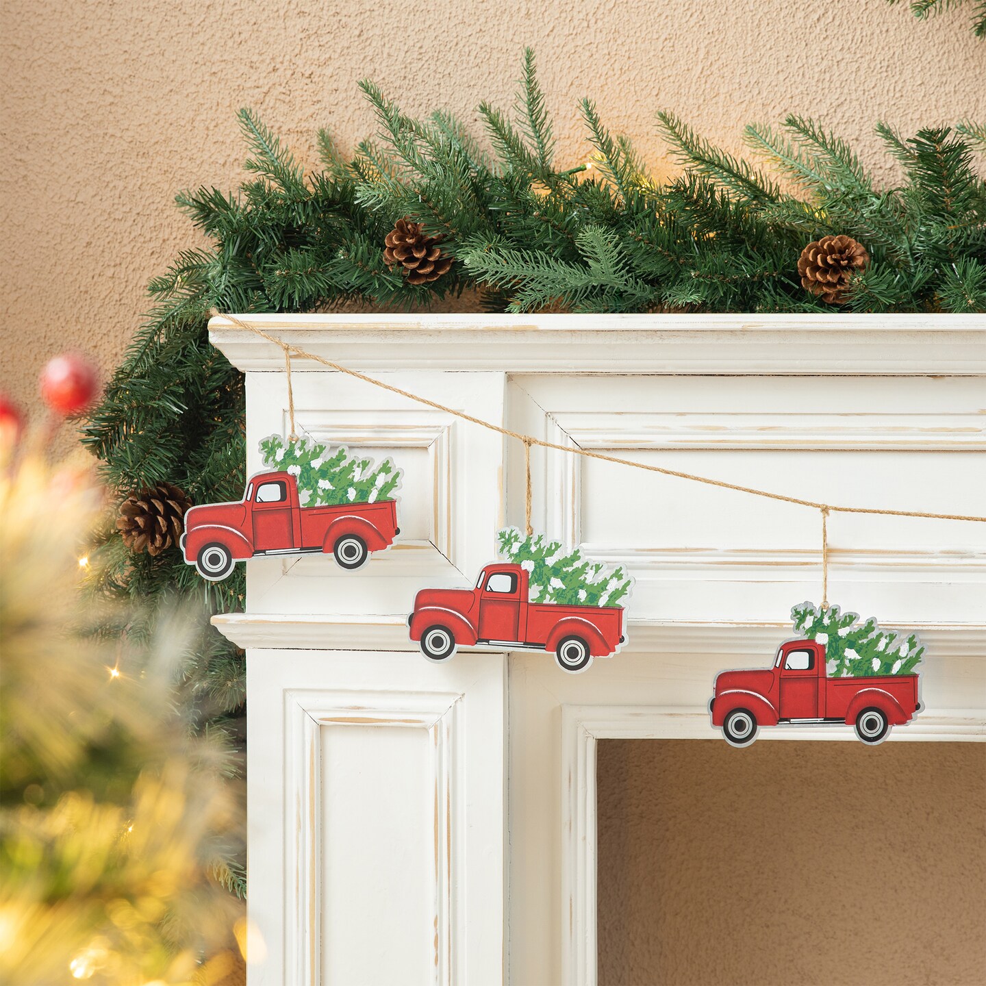 Set of 2 6''L Metal Jute Strand Adorned Garlands With 8 Red Trucks