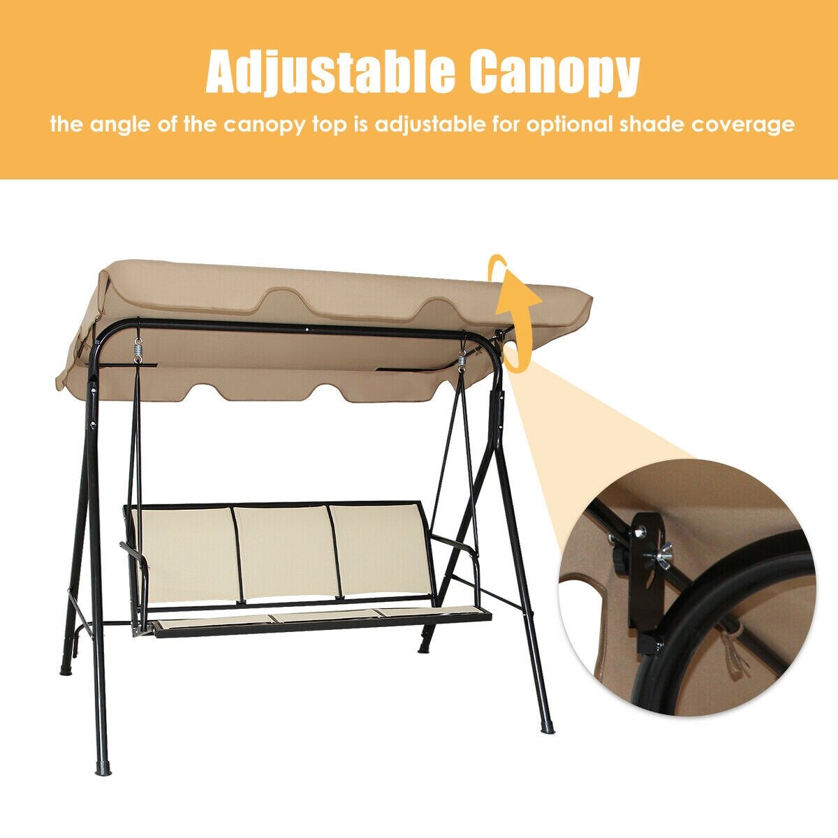 3 Person Patio Swing with Polyester Angle Adjustable Canopy