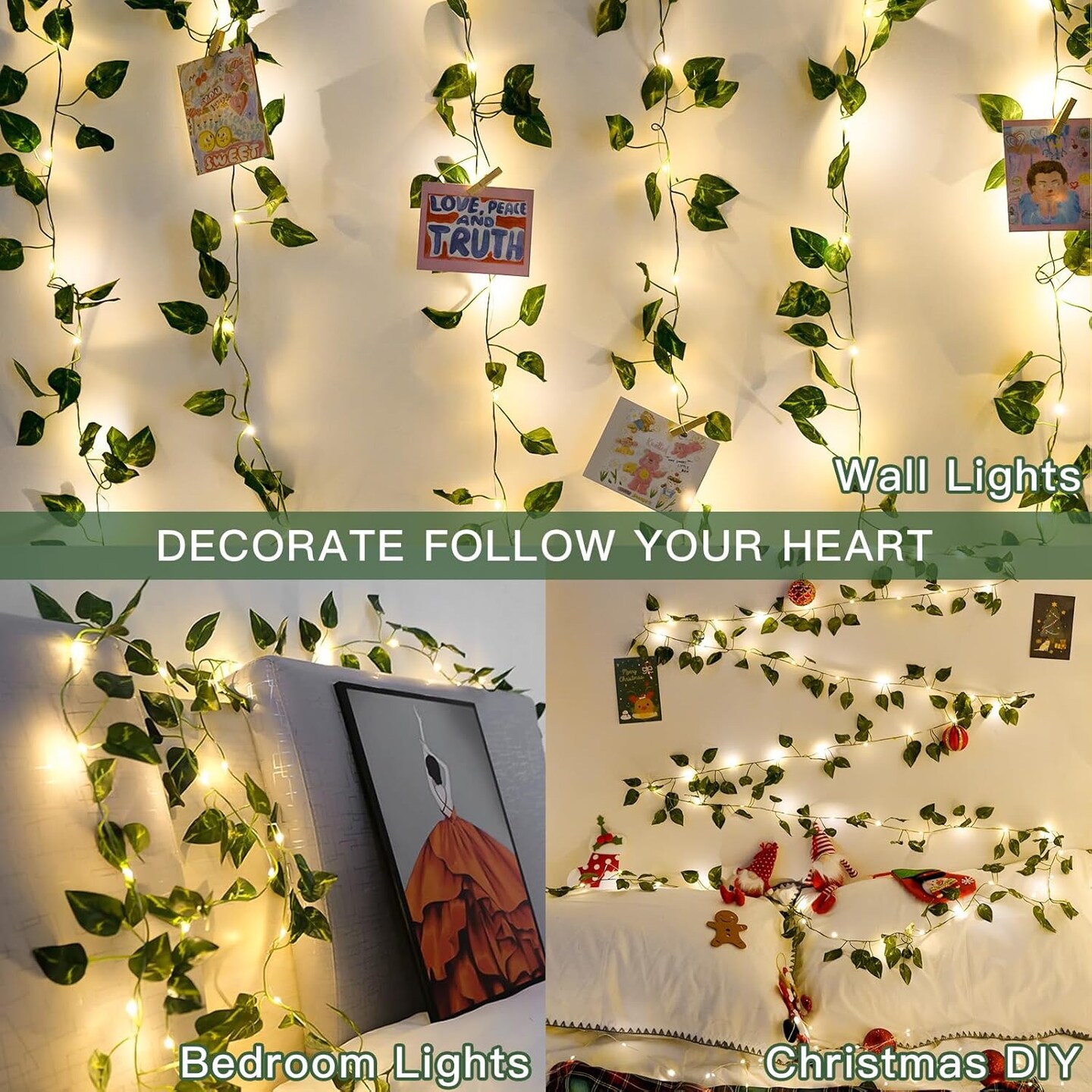 Vine with Fairy Lights Battery Operated, 33ft100 LED Pothos String Lights with Remote, Leaf Lights for Bedroom, Room, Wall, Garden, Party, Wedding Decor(Warm White)