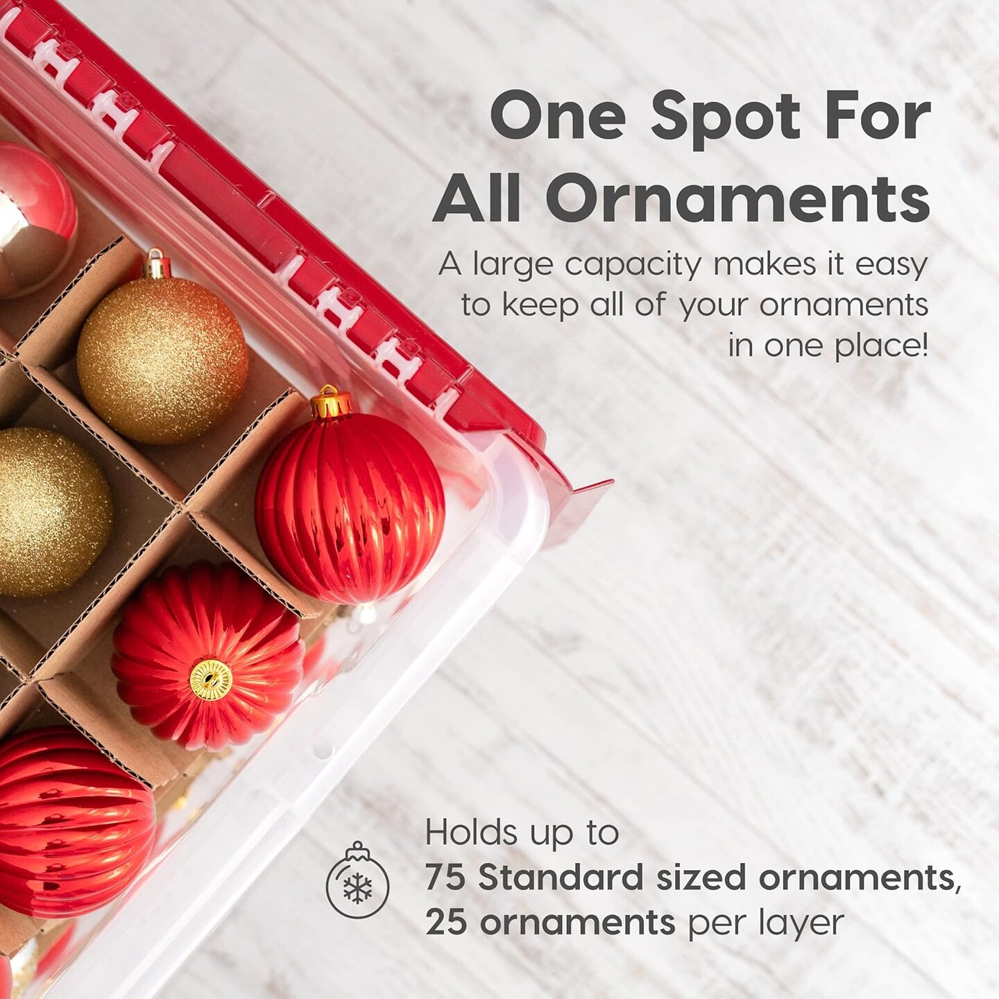 Ornament Storage Box with Attached Lid, Stores 75 Ornaments per Bin, 2-Pack, Stackable Durable Christmas Storage Organization Container Bin for Holiday Decorations and Accessories, Clear/Red
