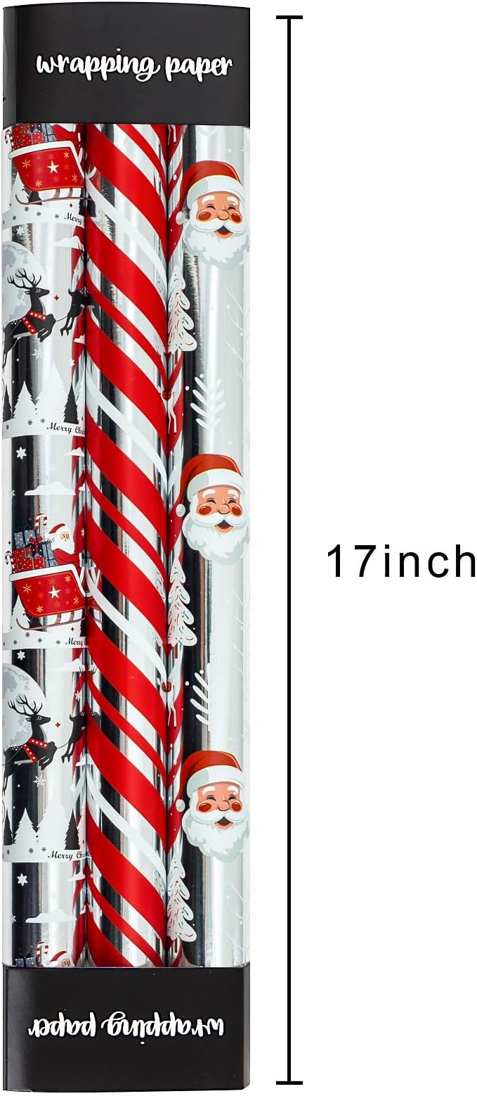 Wrapping Paper Roll - Metallic Shine Santa, Sleigh, Reindeer, Stripe, Plaid, Letterings, Snowflake for Christmas, New Year Celebration - 3 Rolls - 17 x 120 Inch Per Roll