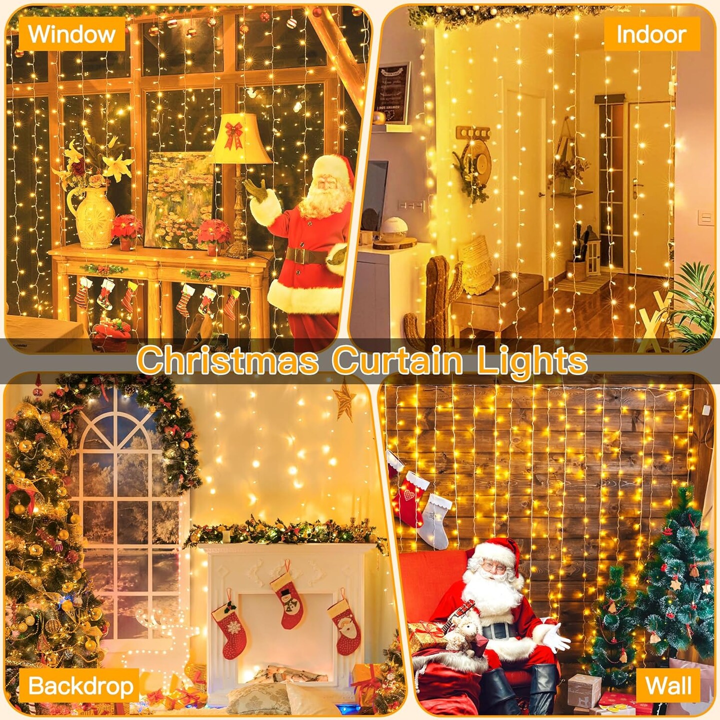 Ollny Curtain Lights 200LED 6.6x6.6ft, USB Christmas Curtain Lights Warm White with Remote 8 Modes Timer, Waterproof String Lights for Bedroom Backdrop Window Indoor Outdoor