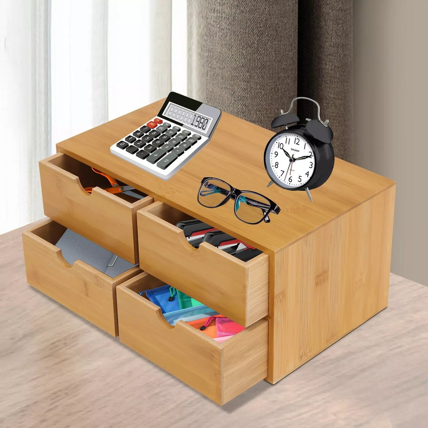 Bamboo Desk Organizer with 4 Drawers Tabletop Mini Small Drawer Storage Box