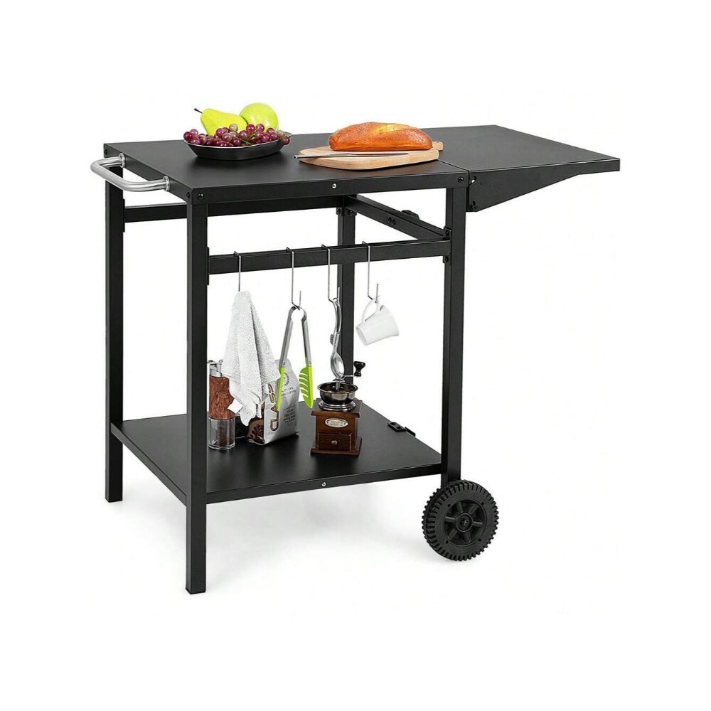 Black Movable Outdoor Grill Cart with Folding Tabletop and Hooks