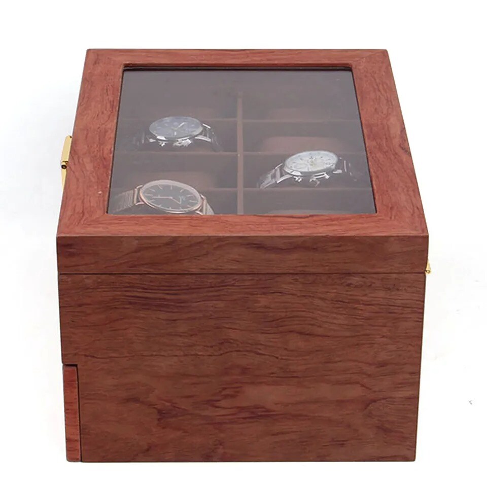 20-Slot Wooden Watches Storage Box Jewelry Organizer Case Glass Top with Drawer