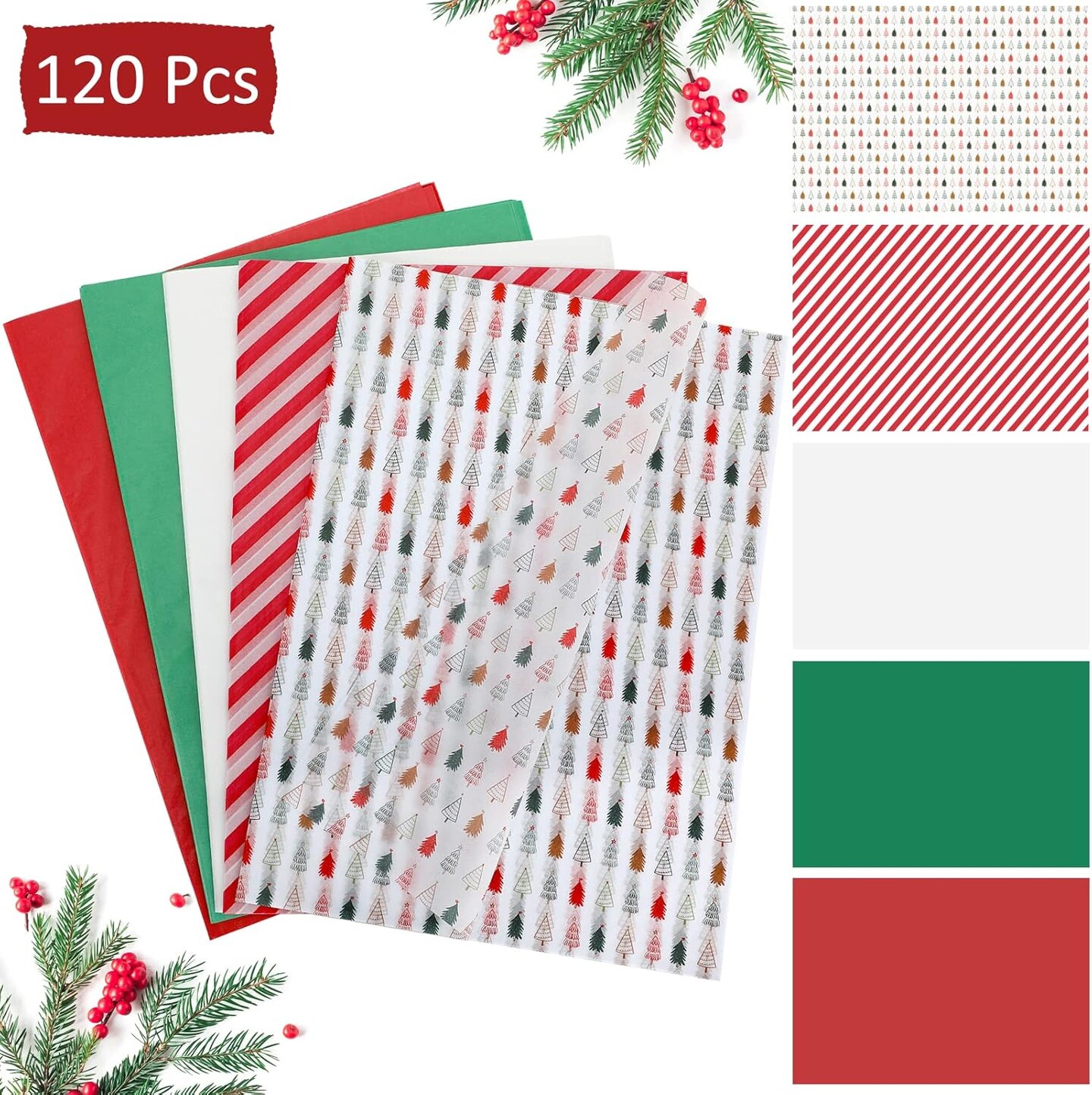 120 Sheets Christmas Tissue Paper, 19.5" x 13.6" Tissue Paper Bulk Assorted Design Christmas Wrapping Paper for Gift Bags, Red Green White Tissue Paper for Xmas Holiday Crafts (Colorful Tree)