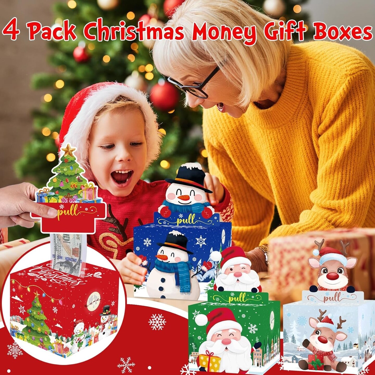 Christmas Money Box for Cash Gift Pull, Surprise Money Holder for Kids Adults with 100Pcs Transparent Bags - Fun Ways to Give Cash as a Gift for Your Loved Ones